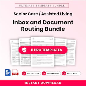 May include: A digital template bundle for senior care and assisted living facilities, featuring 11 pro templates for inbox and document routing. The documents include standard operating procedures and logs, with icons for Word, PDF, and instant download.