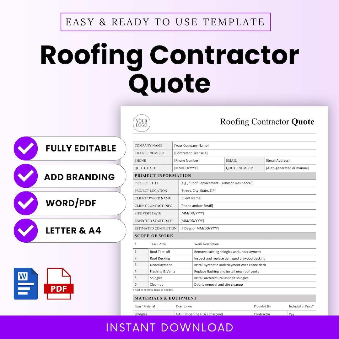 Reddit Contractor Quote Roofing Contractor Quote Template – Word & PDF, A4 + US Letter - Etsy
