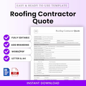 May include: A roofing contractor quote template with a white background and purple accents. The template includes sections for company information, project details, scope of work, and materials. Text includes "Roofing Contractor Quote", "Fully Editable", and "Instant Download".