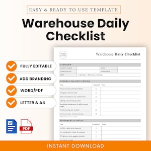Könnte beinhalten: Druckbare Lager-Tagescheckliste mit weißem Hintergrund und schwarzem Text. Die Checkliste enthält Abschnitte für Anlagenprüfungen, Ausrüstung und Sicherheit sowie einen Übersichtsabschnitt. Die Vorlage ist vollständig editierbar und in Word/PDF-Formaten verfügbar.