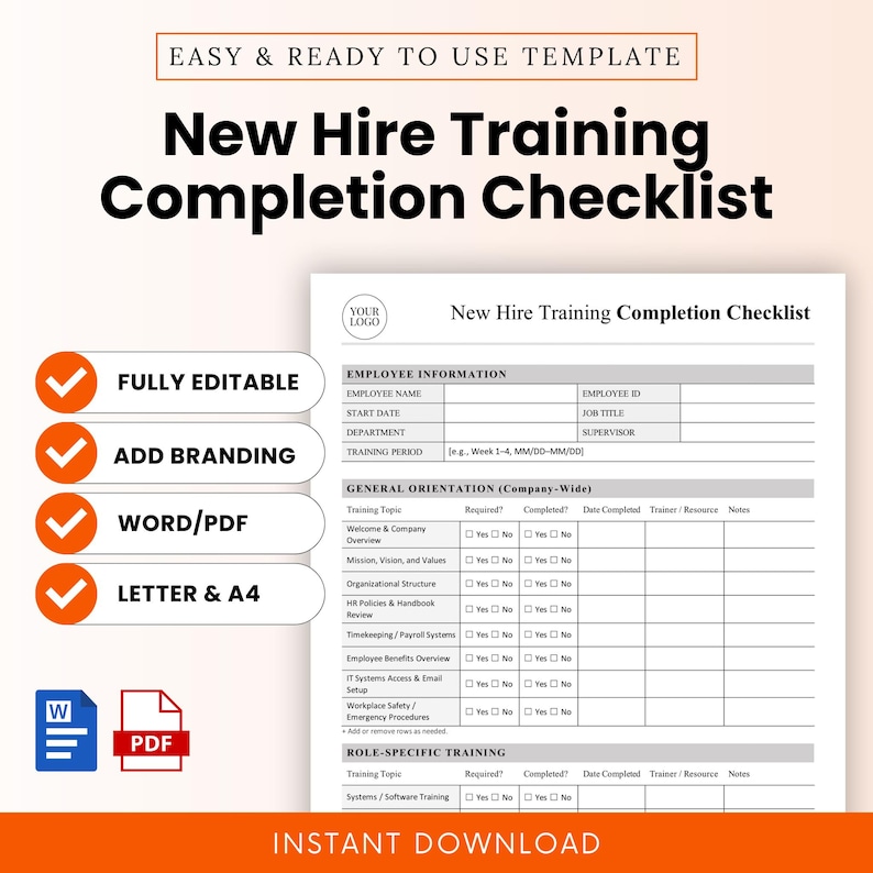 New Hire Training Completion Checklist Template – Word & PDF, A4 + US ...