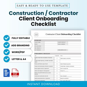 Op de afbeelding: Een wit en blauw sjabloon voor de checklist voor onboarding van klanten voor bouw/aannemers. De checklist bevat secties voor klantinformatie, onboarding-taken en notities. Volledig bewerkbaar, merk toevoegen, Word/PDF en A4-opties. Direct downloaden.