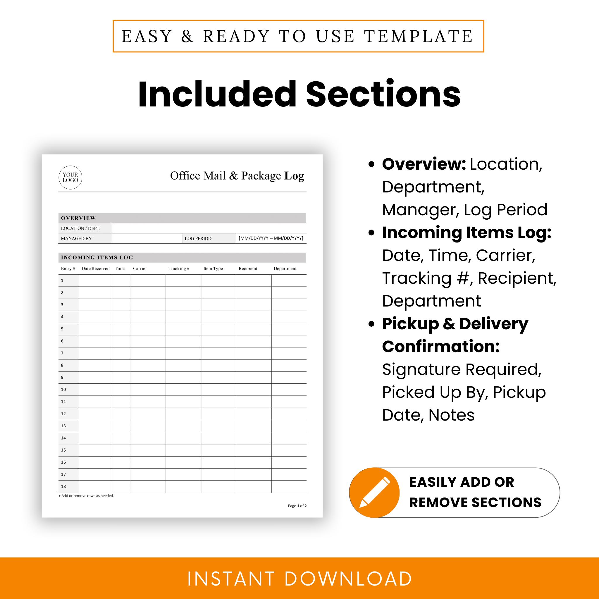 Office Mail and Package Log Template - Word & PDF, A4 + US Letter - Etsy