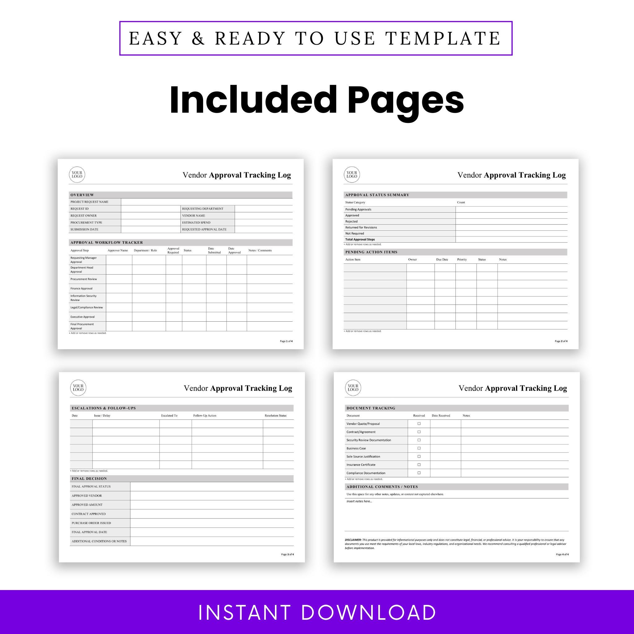 Tracking Approval Log Vendor Approval Tracking Log Template – Word & PDF, A4 + US Letter - Etsy