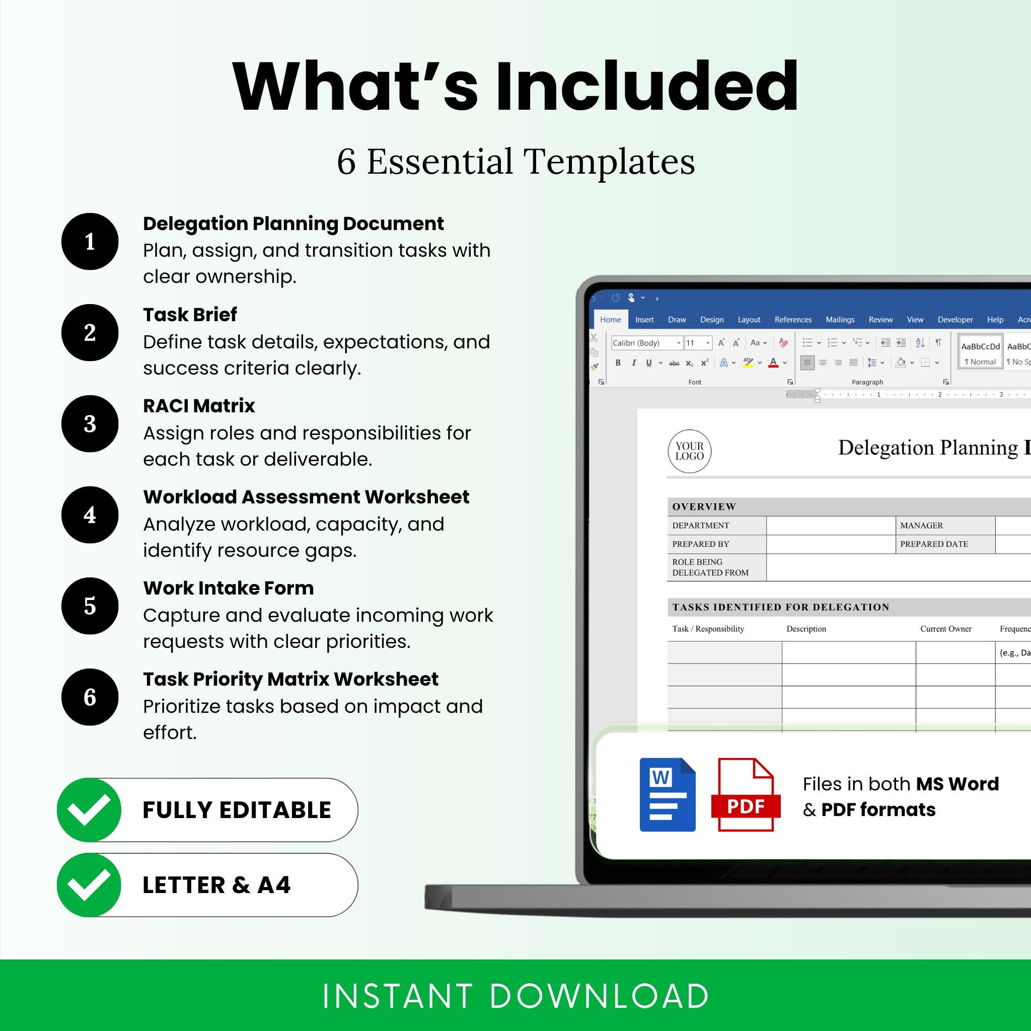 Delegation and Work Planning Templates Bundle – Word & PDF, A4 + US ...