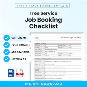 Könnte beinhalten: Eine digitale Vorlage für eine Checkliste zur Buchung von Baumdienstleistungen. Das Dokument enthält Abschnitte für Buchungsdetails und Autorisierung mit Feldern für Kundenname, Datum und Auftragsstatus. Kompatibel mit Word und PDF.