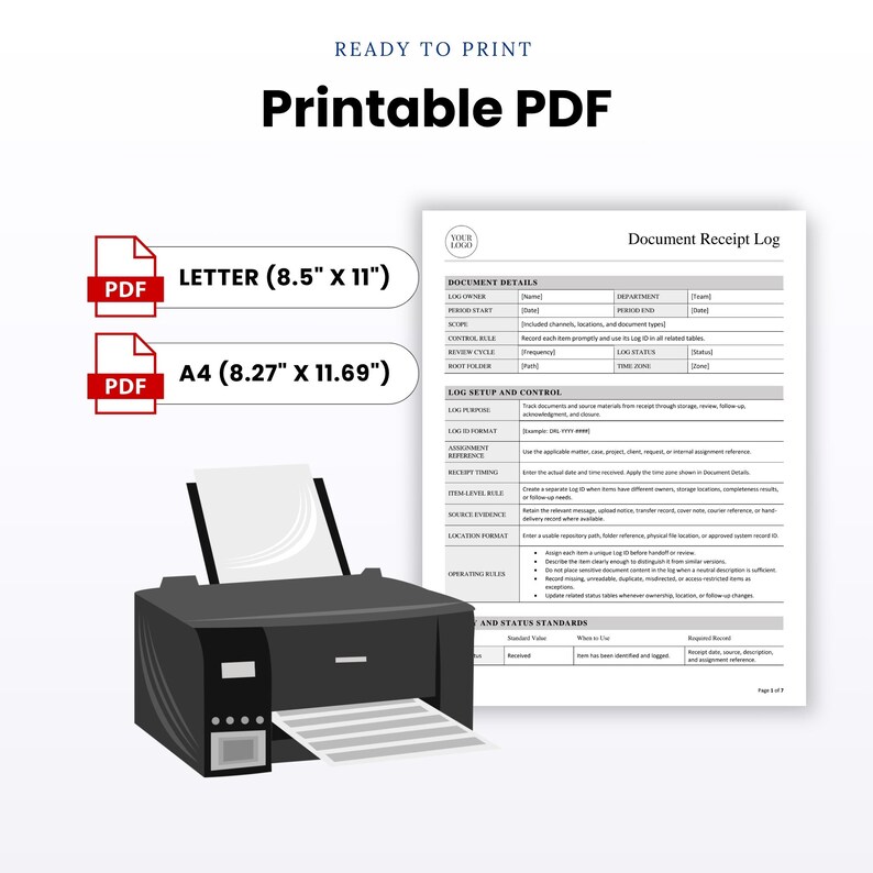 Printable PDF Document Receipt Log shown in US Letter format, with printable files supplied in both US Letter and A4 sizes for recording incoming service documents.