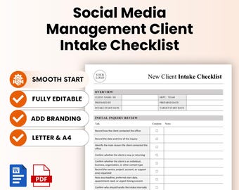 May include: A social media management client intake checklist template featuring sections for overview and initial inquiry review. The document includes fields for client details, task lists with checkboxes, and notes. Icons for Word and PDF are visible.