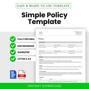 Simple Policy Template (Word, PDF) | Simple Workplace Policy Template, Human Resources HR Policy Doc, Employee Guidelines, Company Policy