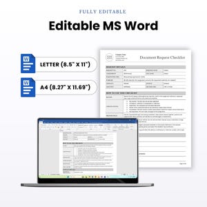 Editable Microsoft Word Document Request Checklist with visible Letter-size document previews; DOCX files are provided in both US Letter and A4 sizes.