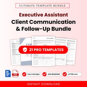 Peut inclure: Un ensemble de documents numériques intitulé Ultimate Template Bundle, Executive Assistant Client Communication & Follow-Up Bundle, comprenant 21 modèles pro. Inclut des icônes Word et PDF, entièrement modifiable, ajout de marque, formats A4.