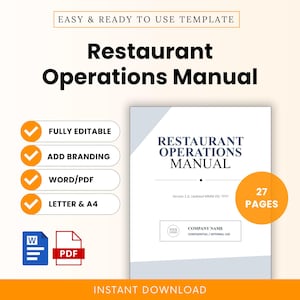 May include: A digital restaurant operations manual template featuring a white cover with black text, including the title Restaurant Operations Manual, a placeholder for company name, and a circular orange badge indicating 27 pages.