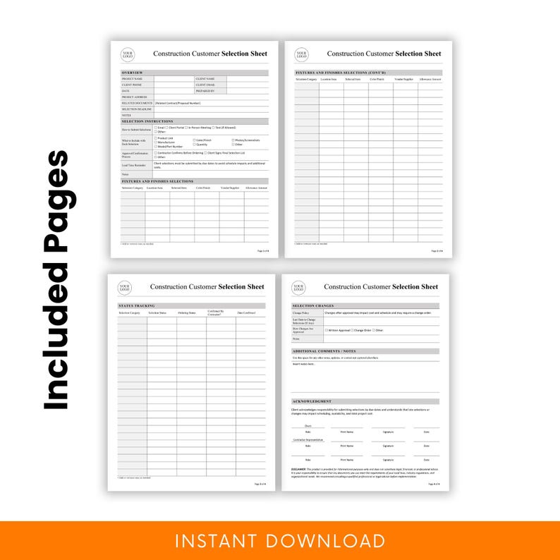 Construction Customer Fixture/finishes Selection Sheet Template – Word ...