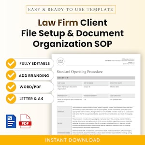 May include: A digital template for a Law Firm Client File Setup & Document Organization SOP. The document includes sections for overview, purpose, scope, and intended users. Features include fully editable text, branding options, and Word/PDF formats.