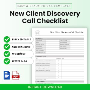 Puede incluir: Una plantilla de lista de verificación de llamadas de descubrimiento de nuevos clientes en blanco con un borde verde. La lista de verificación incluye secciones para la información del cliente, la lista de verificación de preparación y la agenda de la llamada.