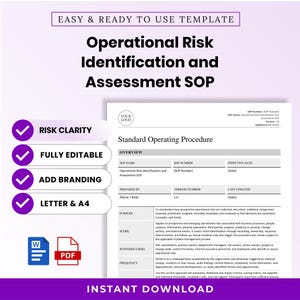 May include: A digital template for an Operational Risk Identification and Assessment SOP document. The page includes sections for overview, purpose, scope, intended users, and frequency. Features include checkmarks for risk clarity and editing.