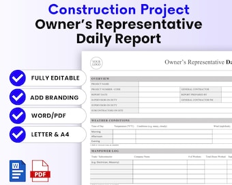 Owner's Representative Daily Report Template for Construction Projects – Word & PDF, A4 + US Letter