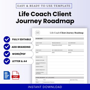 Pode incluir: Um modelo branco de Life Coach Client Journey Roadmap com o título em letras pretas grandes. O modelo inclui seções para informações do cliente, metas e detalhes do programa. Download instantâneo.