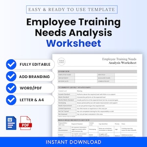 Op de afbeelding: Een witte Employee Training Needs Analysis Worksheet-sjabloon met blauwe vinkjes en de tekst "Volledig bewerkbaar", "Merk toevoegen", "Word/PDF" en "Letter & A4". De werkblad bevat secties voor werknemersinformatie en een "Current Level" status key.