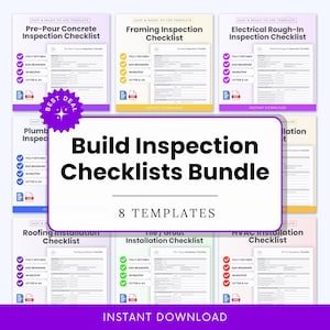 Könnte beinhalten: Ein Bundle mit 8 Checklisten für Bauinspektionen. Jede Checkliste ist eine Vorlage mit weißem Hintergrund und lila, gelben und grünen Akzenten. Das Bundle enthält Checklisten für Betonvorbereitung, Rahmenbau, Elektro, Sanitär, Dach, Fliesen/Fugen und HLK-Installationen.