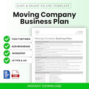 Moving Company Business Plan Template (Word, PDF), Relocation Services Plan, Startup Plan, Moving Services Strategy, Moving Company Planning