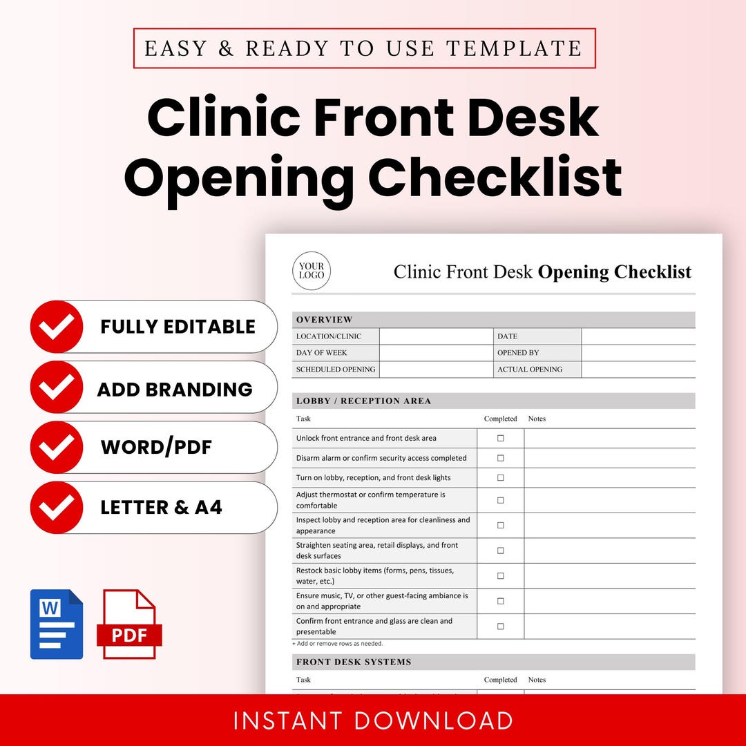 Clinic Front Desk Opening Checklist Template – Word & PDF, A4 + US ...