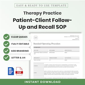 Therapy Practice Patient-Client Follow-Up and Recall SOP Template – Editable Word + PDF (A4, US Letter)