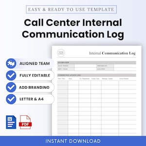 Pode incluir: Um modelo de registro de comunicação interna para call center com uma grade para data, hora, remetente, destinatário, tipo de comunicação, mensagem e ação necessária. A página branca inclui uma seção de visão geral com vários campos.