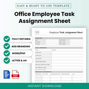 Peut inclure: Un modèle de feuille d'affectation des tâches pour employés de bureau avec des sections pour l'aperçu, les priorités quotidiennes et les affectations. Le document inclut des champs pour la date, le responsable, le lieu et les tâches. Icônes Word et PDF.
