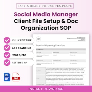 Social Media Management Client Setup, Document Organization SOP Template – Word & PDF, A4 + US Letter
