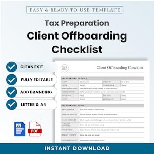 May include: A Tax Preparation Client Offboarding Checklist template featuring sections for offboarding details and scope. The document includes fields for client name, ID, owner, coordinator, and service status. Icons for Word and PDF are visible.