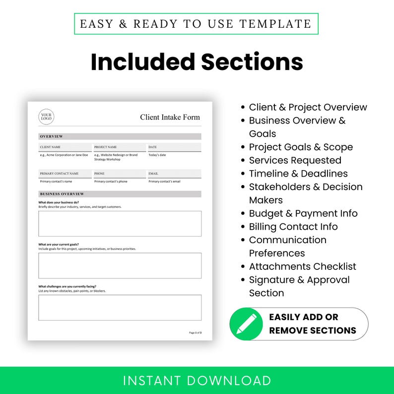 Simple Client Intake Form Template (word, PDF) | New Client Onboarding ...