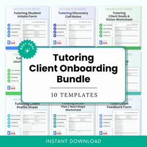 May include: A bundle of 10 tutoring templates, including forms and worksheets. The title "Tutoring Client Onboarding Bundle" is displayed prominently. The templates are labeled with titles like "Student Intake Form" and "Client Goals & Vision Worksheet."