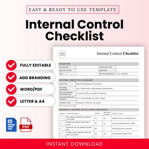 May include: A white Internal Control Checklist template with red checkmarks and text. Features include 'Fully Editable,' 'Add Branding,' 'Word/PDF,' and 'Letter & A4.' Includes sections for 'Overview' and 'Control Objective Summary.'