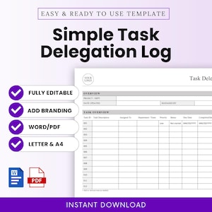 Könnte beinhalten: Eine Vorlage für ein einfaches Aufgaben-Delegationsprotokoll mit weißem Hintergrund. Die Vorlage enthält Abschnitte für Aufgaben-ID, Beschreibung, Zuordnung und Fälligkeitsdatum. Der Text "Simple Task Delegation Log" ist fett schwarz. Sofortiger Download.