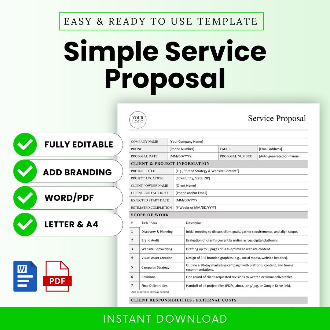 Simple Service Proposal Template – Word & PDF, A4 + US Letter - Etsy
