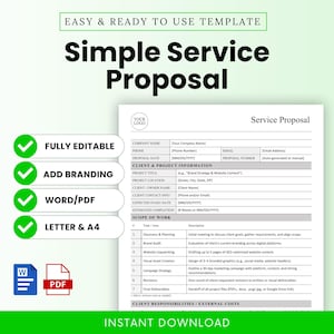 Può includere: Un semplice modello di proposta di servizio con sfondo bianco e testo nero. Il documento include sezioni per le informazioni aziendali, i dettagli del progetto, l'ambito del lavoro e le responsabilità del cliente. Il modello è completamente modificabile, consente il branding ed è disponibile in formato Word/PDF.