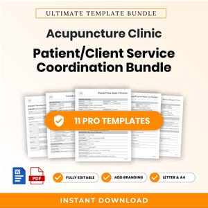 May include: A digital template bundle for acupuncture clinics featuring 11 pro templates including patient intake checklists, service request forms, and follow-up trackers. The documents are fully editable, available in Word and PDF formats, and sized for Letter and A4 paper.