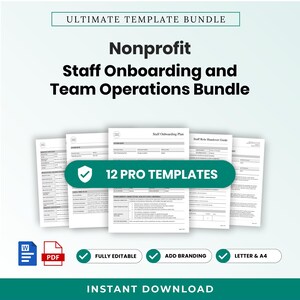 Op de afbeelding: Een digitaal documentenpakket getiteld Ultimate Template Bundle, Nonprofit Staff Onboarding and Team Operations Bundle. Het bevat 12 professionele sjablonen, volledig bewerkbaar, met brandingopties en in letter- en A4-formaten.