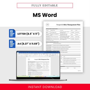 Image highlighting the Microsoft Word version of the Nonprofit Risk Management Plan. Shows editable layout, compatible with A4 and US Letter sizes—perfect for customizing risk policies, internal controls, and board reports in nonprofit settings.