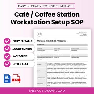 May include: A digital template for a Café Coffee Station Workstation Setup Standard Operating Procedure. The document includes sections for overview, purpose, scope, intended users, and frequency. It is fully editable, compatible with Word and PDF, and available in Letter and A4 sizes.