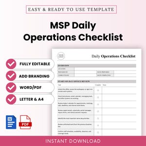 May include: A digital MSP Daily Operations Checklist template featuring a white document with black text, including sections for overview, start-of-day office review, tasks, and notes. The graphic includes pink checkmark icons and file format icons.