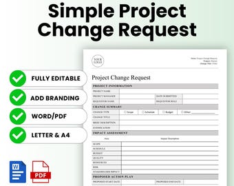 Simple Project Change Request Template (Word, PDF) | Project Management Template, Change Request Form, Consultant Template, CR Template