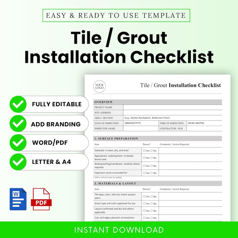Tile Laying Checklist.pdf Tile and Grout Installation Checklist Template – Word & PDF, A4 + US ...