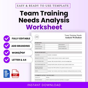 Op de afbeelding: Een digitale werkbladsjabloon getiteld "Team Training Needs Analysis Worksheet" met een paars en wit ontwerp. Functies zijn onder meer "Volledig bewerkbaar", "Branding toevoegen" en "Word/PDF". Bevat secties voor teamoverzicht en huidige status.