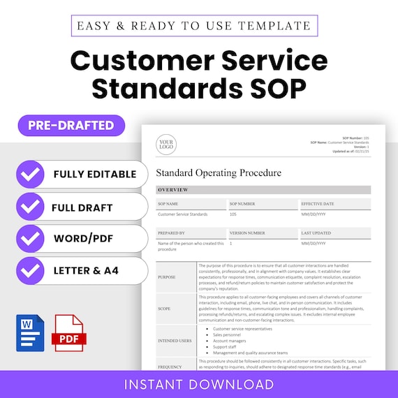 Customer Service Standards SOP Template (Word, PDF) | Simple Standard Operating Procedure Template | Human Resources Business Document