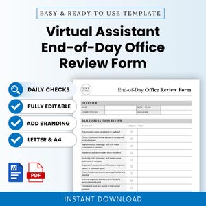 Virtual Assistant End-of-Day Office Review Form Template – Word & PDF, A4 + US Letter