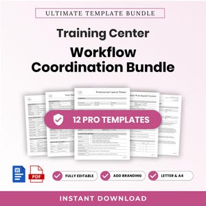 Puede incluir: Un paquete de documentos digitales titulado Ultimate Template Bundle, Training Center Workflow Coordination Bundle. Incluye 12 plantillas profesionales, totalmente editables, con opciones de marca, en tamaños carta y A4, disponibles en archivos Word y PDF.