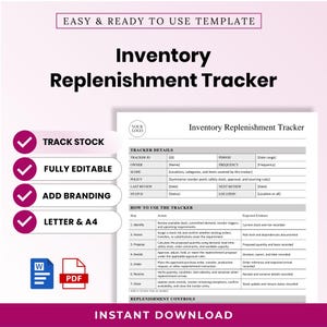 May include: An Inventory Replenishment Tracker template featuring sections for tracker details and instructions. The document includes a table for tracking stock, editable fields, and branding options, available in Letter and A4 sizes.