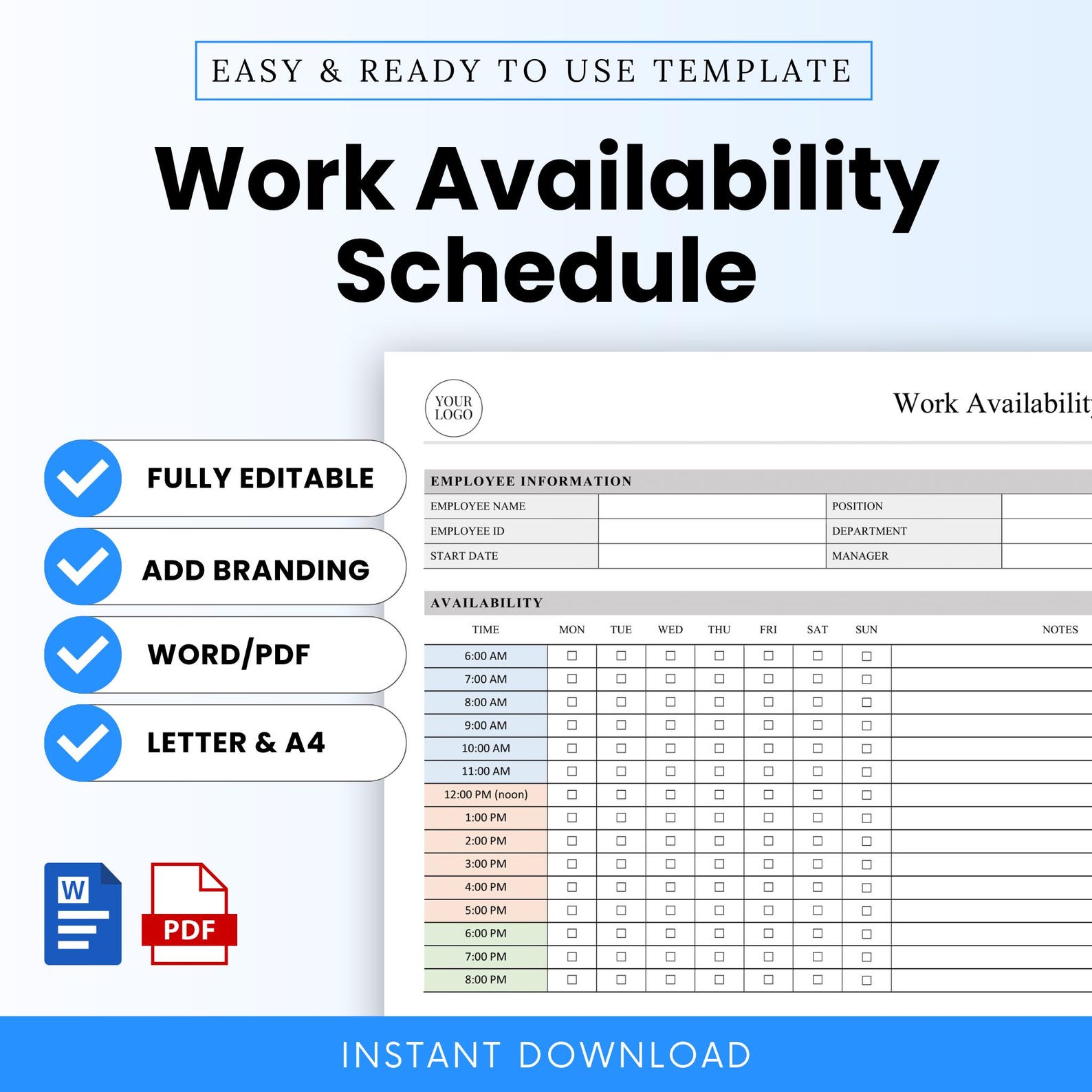 Employee Availability Schedule Template (word, PDF) | Work Availability ...